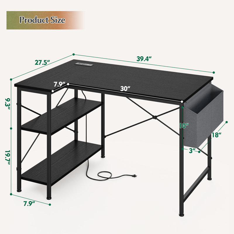 Bureau d'ordinateur en bois manufacturé en L Ciupan avec prise de courant, H 29 po x l 39,4 po x P 27,5 po
