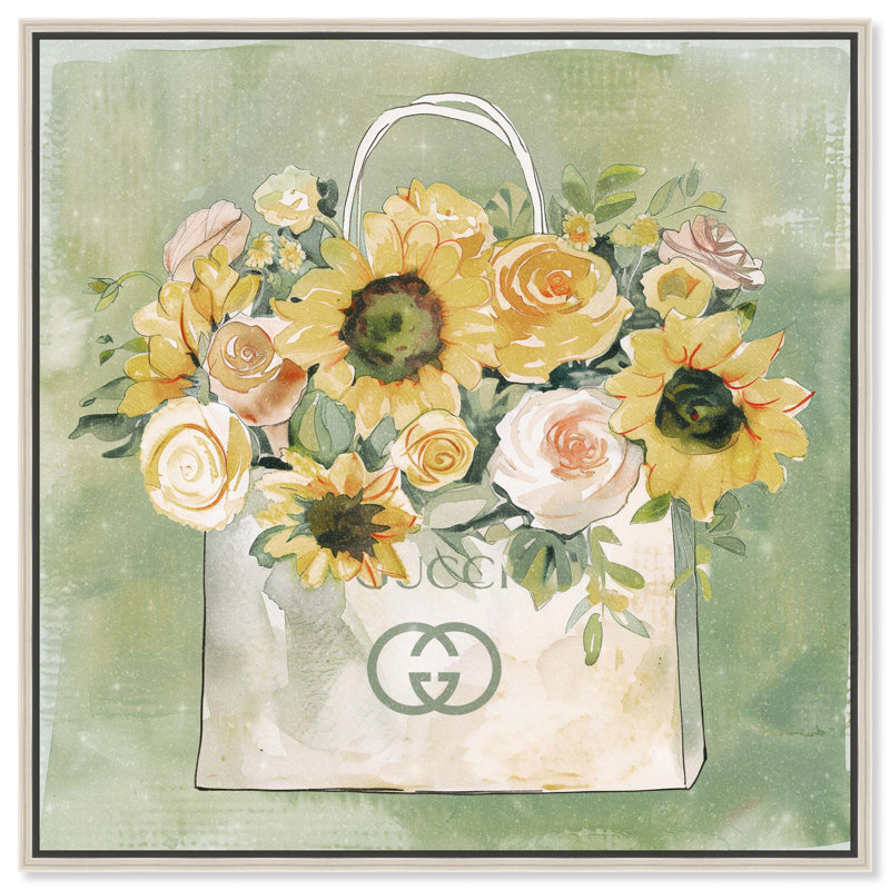 Spring Sunflower Shopping Bag Canvas Fashion Art Prints by Art Remedy, 41" H x 41" W x 2" D, Silver Floater Framed