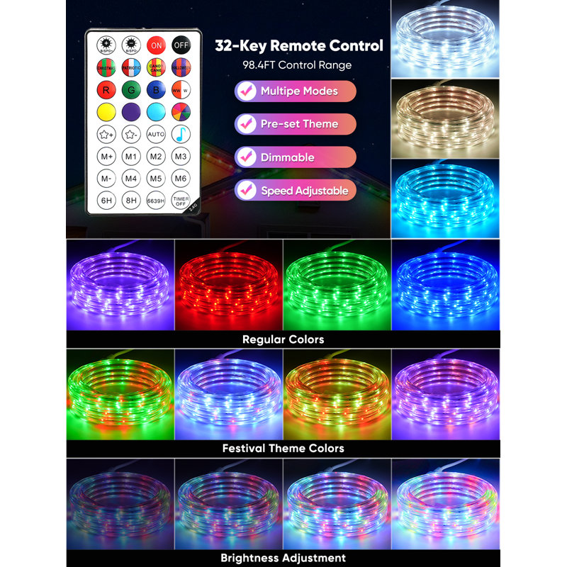 33ft RGB+IC Smart Outdoor Led Strip Lights Music Sync , 393.7" W