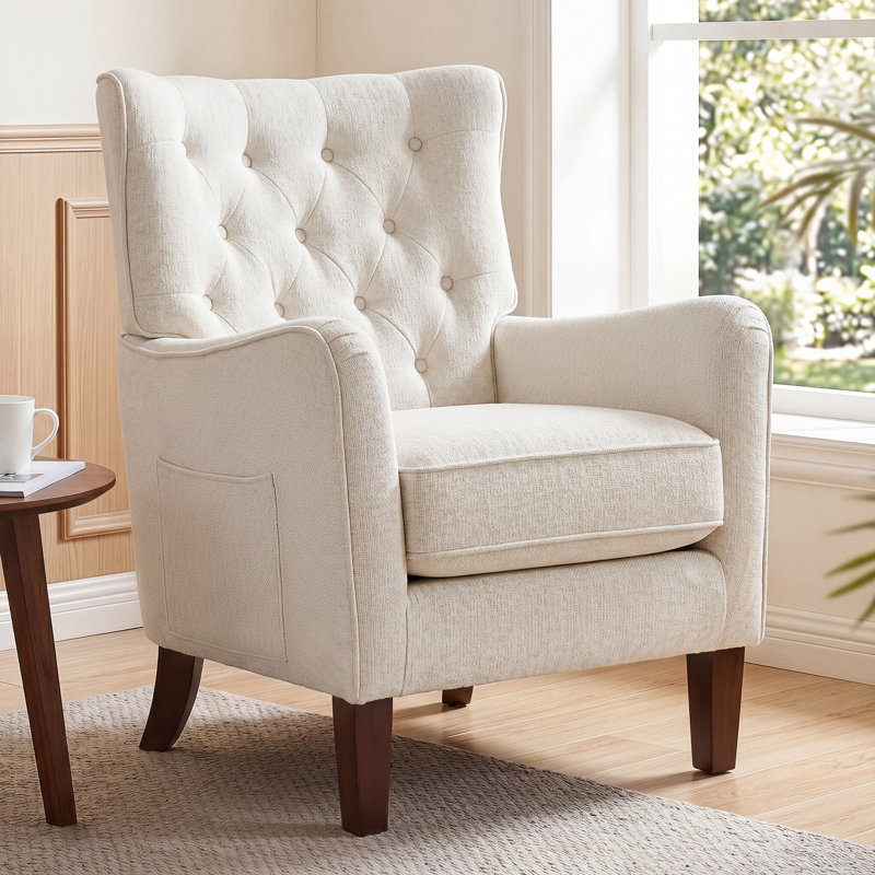 Button-Tufted Horn-Back Armchair, Accent Chair with Padded Cushion, Side Pocket and Solid Wood Legs, Beige