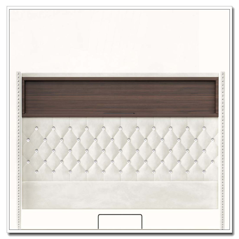 Cadre de lit doux en velours capitonné avec port USB et veilleuse, tête de lit haute 52 po avec rivets, Beige, Complète