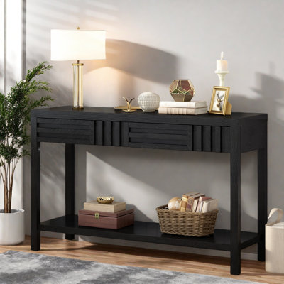 Modern Console Table With Striped Design, 2 Drawers And 2-tier Design