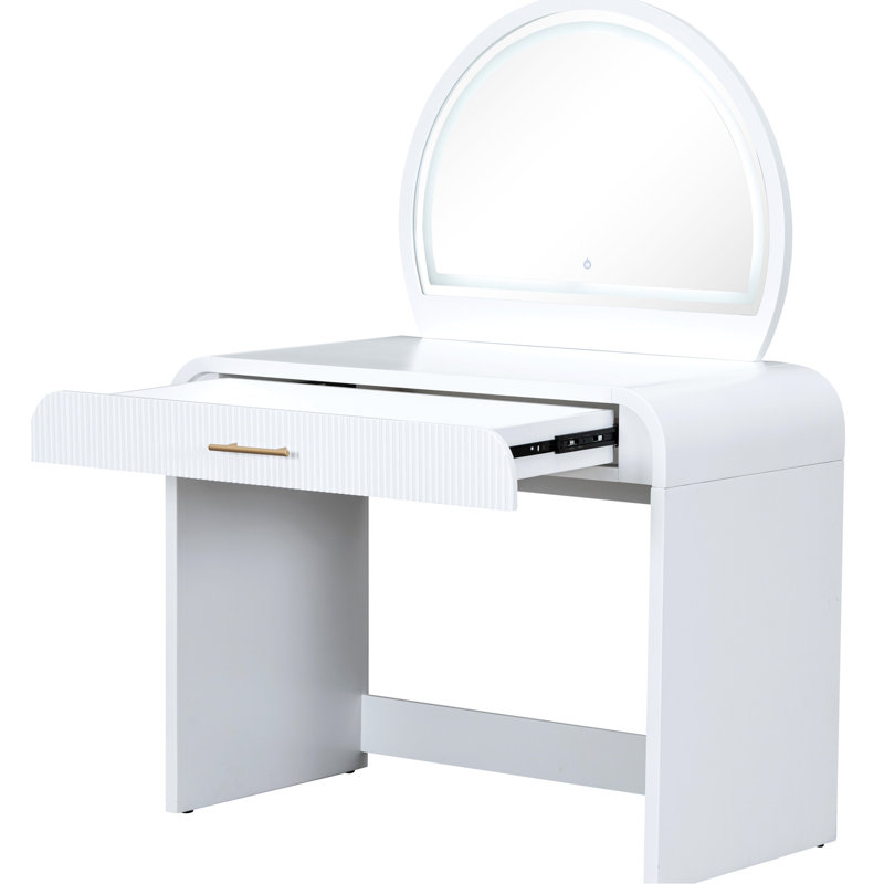 Coiffeuse de chambre de 99 cm avec miroir lumineux et tiroir, blanche. Coins arrondis pour un style élégant. Rangement suffisant pour les produits de beauté essentiels. Confortable. Facile à monter.