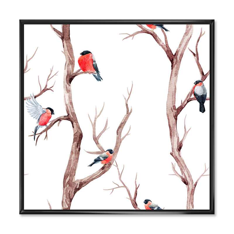 Petits oiseaux sur les branches de l'arbre III - peinture sur toile, H 16 po x l 16 po x P 1 po, Cadre flottant noir