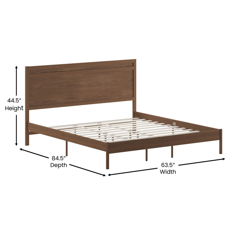 Eymen Modern Solid Wood Platform Bed with Headboard and Wooden Slats, Brown, King