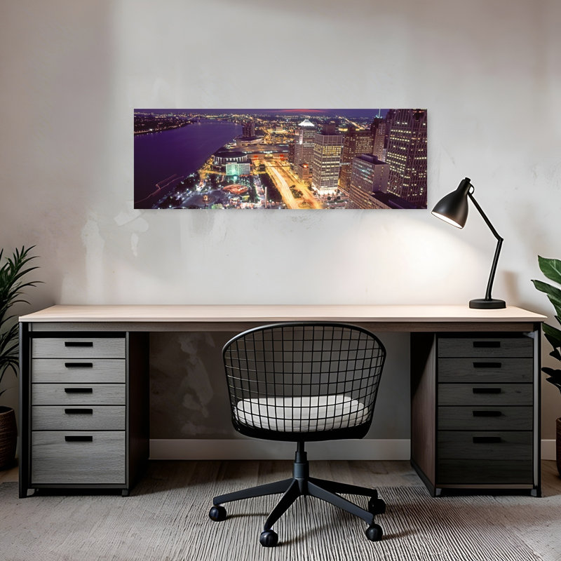Buildings In A Downtown District At Night Detroit Wayne County Michigan USA by Vito Palmisano - Wrapped Canvas Panoramic Print