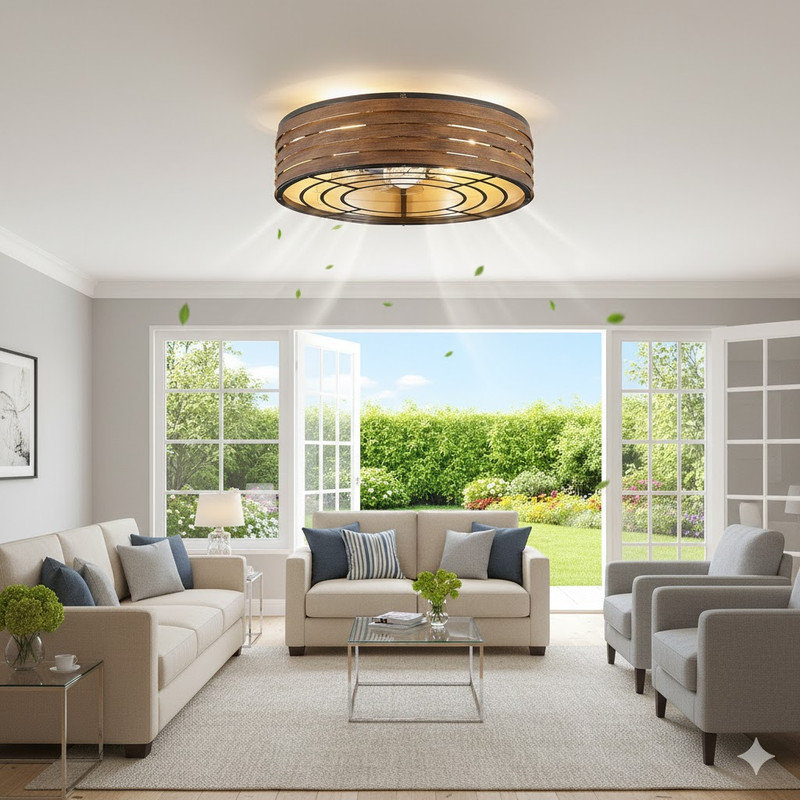 20" Caged Ceiling Fan with Remote & 4 Bulbs, Modern Farmhouse Flush Mount Fandelier with Dual Memory Function, Quiet DC Motor