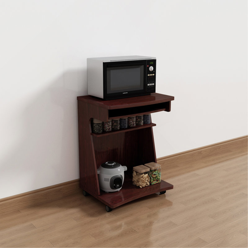 Versatile Utility Cart with Gliding Shelf and Rolling Castors for Kitchen, Microwave, and Computer Use, Mahogany