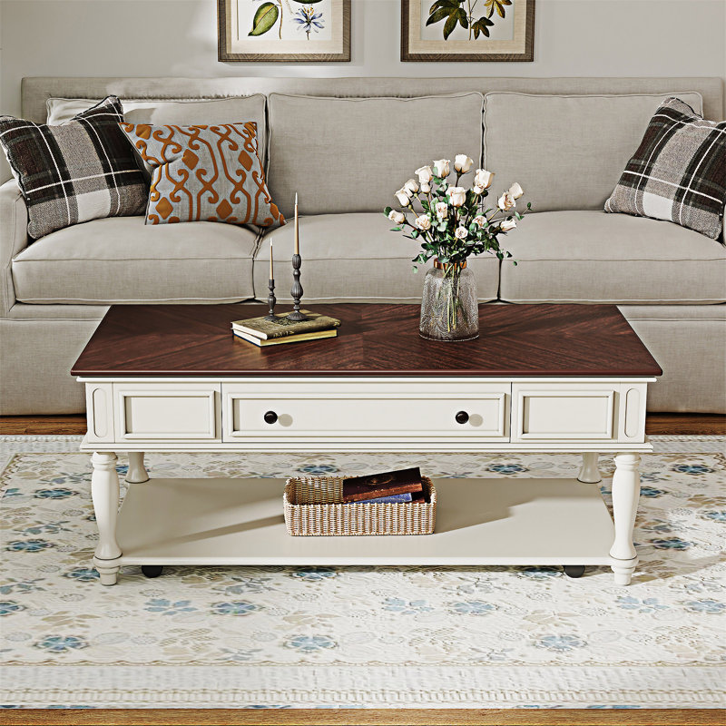 Table basse avec rangement Farmhouse, Blanc, Noyer