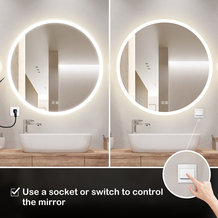 LED Round Bathroom Mirror with Lights, Smart Dimmable Vanity Mirrors for Wall, Anti-Fog Backlit Lighted Makeup Mirror Orren Ellis Size: 28 x 28