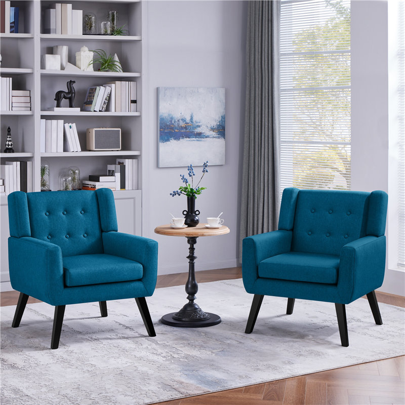 Upholstered Armchair with Solid Wood Legs, Navy Blue