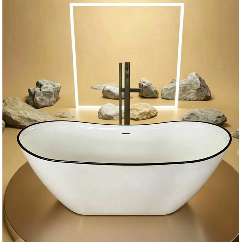 Baignoire sabot autoportante double en acrylique blanc brillant, 150 cm x 75 cm, avec rebord fin noir et fond plat 319BK