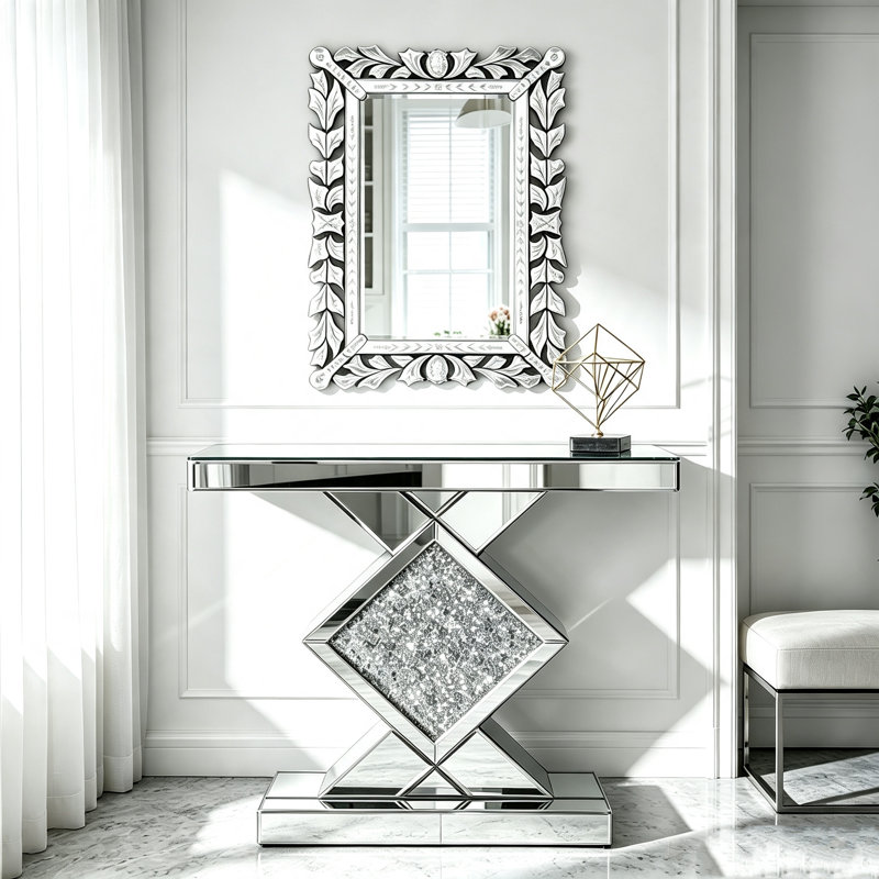 80cm Glass Top Console Table and Rectangle Wall Mirror Set