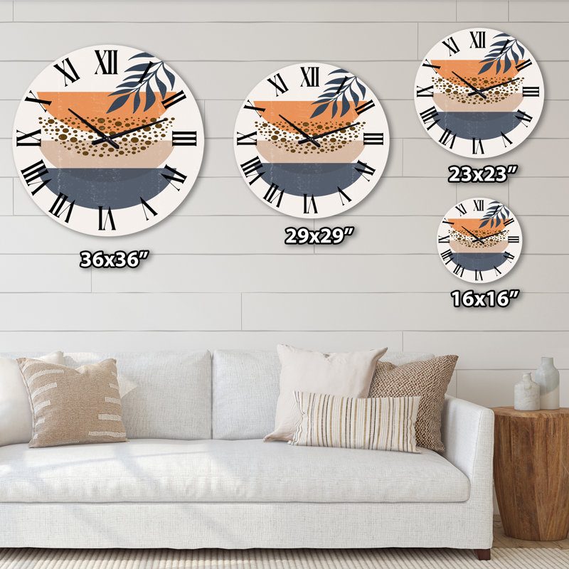 Abstrait géométrique abstrait soleil et lune avec feuille III - horloge murale moderne, Bleu, Très petit