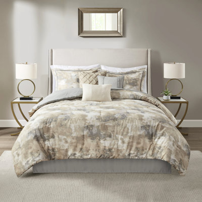 Édredon très grand - mélange de coton texturé gris, motif abstrait, 3 coussins décoratifs, literie 7 pièces et 1 jupe de lit