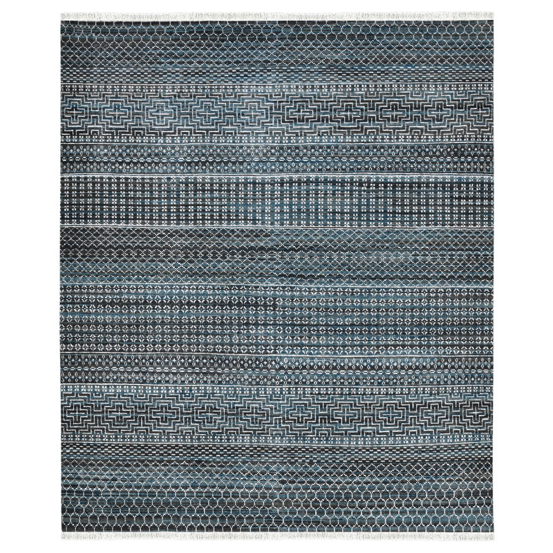 Blue Hand-Knotted Wool Blend 2' x 3' Area Rug with Tassels