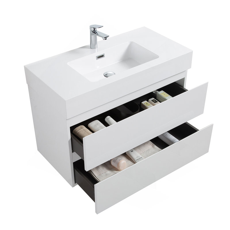 Meuble-lavabo mural flottant avec lavabo et rangement, Blanc, Blanc, 36"
