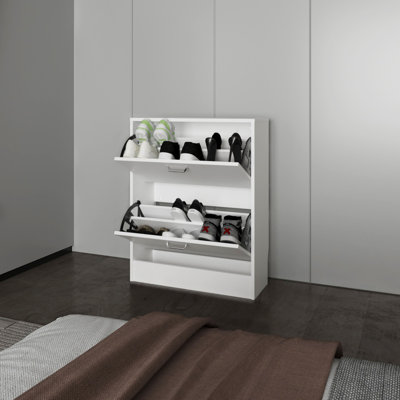Armoire à chaussures Ozzy, 2 portes basculantes, conception mince, supports internes, style moderne, blanc