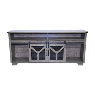 Meuble télé 65,3 po avec porte grillagée en fer, éclairage à DEL et éléments en forme de Y, couleur gris antique, finition coulissante 60 69 pouces, ajustement