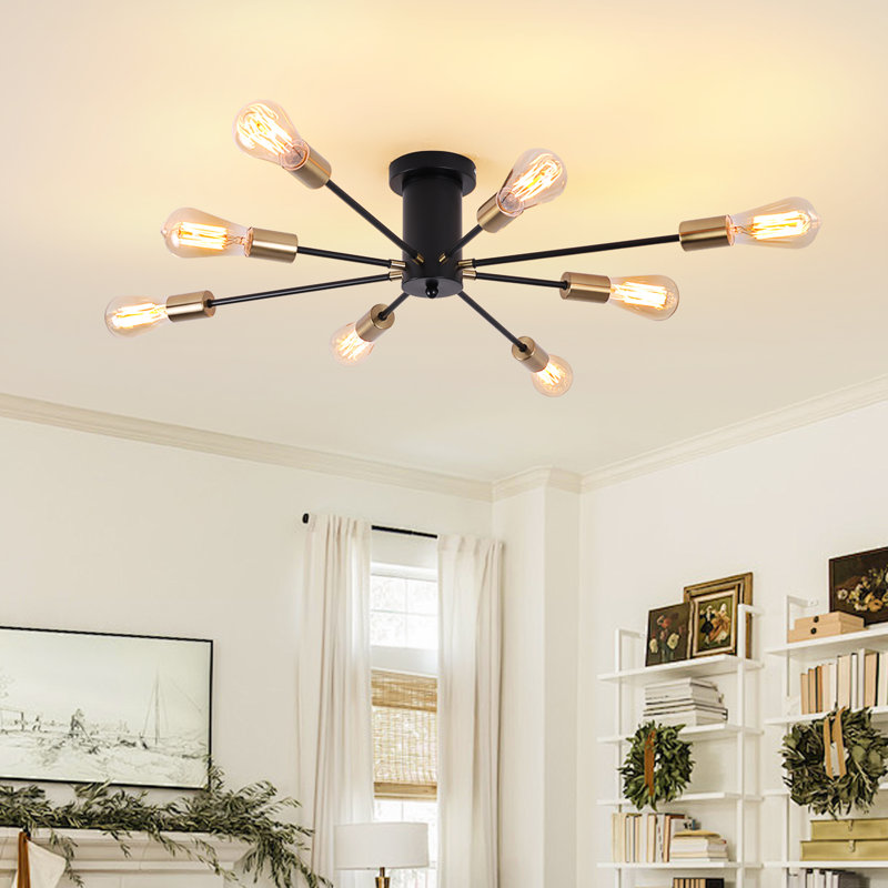 Plafonnier Spoutnik semi-encastré 8 lumières Jacobson pour salon et chambre à coucher, Noir / or