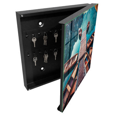 Decorative key box for wall, Opens to the left, 30x30x5, Black, Wooden jetty and boats on the lake, 