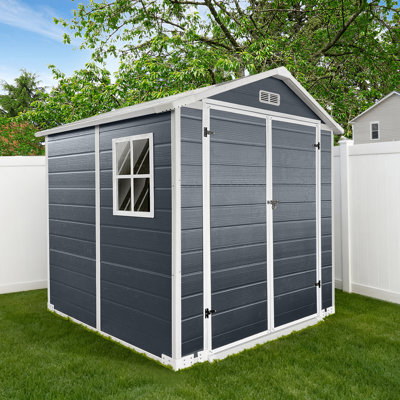 6x6 Ft Grey Plastic Tool Shed With Floor, Lockable Door, Windows And Vents, Good Insulation Easy Assembly Garden Storage For Patio Lawn
