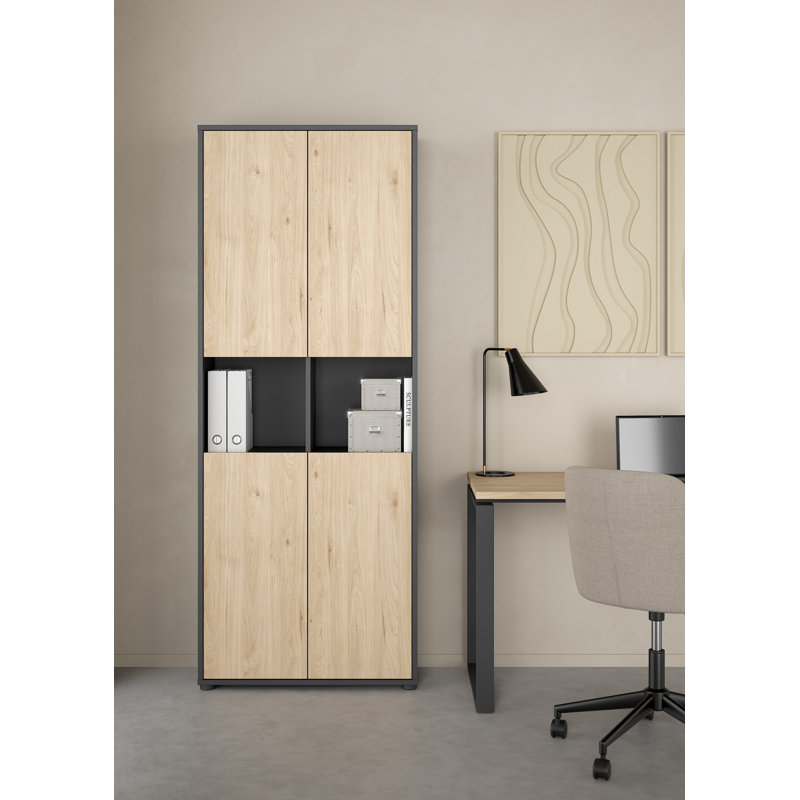 Embrie Rupertus 31.34"W x 80.59" W 6 Shelf Bookcase With 4 Doors, Home Office Storage, Natural/Matte Gray