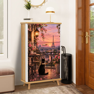 Meuble à chaussures à 3 tiroirs rabattables, style balcon parisien, chat, tour Eiffel, roses en fleurs, coucher de soleil. Étagère à chaussures étroite et discrète, idéale pour entrée, couloir, hall d'entrée, garde-robe ou petit appartement.