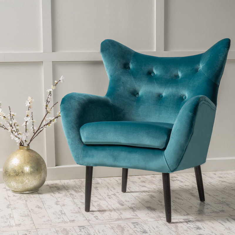 Fauteuil à oreilles rembourré, Bleu sarcelle, Noir, H 39,72 po x l 28,47 po x P 34,26 po