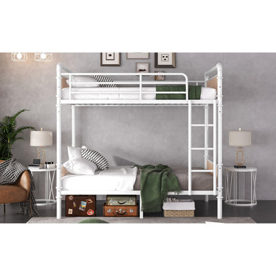 Lit superposé simple au-dessus de métal blanc TG, convertible pour plusieurs utilisations, 3 marches, garde-corps de 15,9 pouces de hauteur, deux lits industriels, détachable, blanc, avec garde-corps et rangement sous le lit de 8,1 po, bon invité