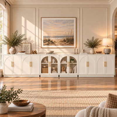  Arden 181"W Extra Wide Entertainment Center with 12 Doors, 2 Glass Display Cabinets and Adjustable Shelves