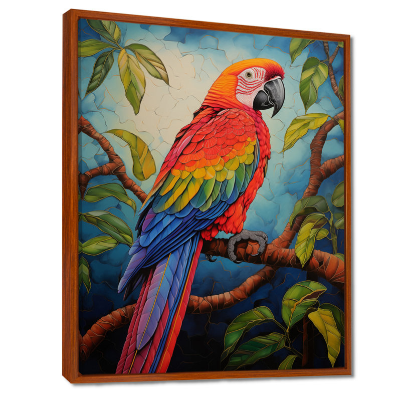 Perroquet rouge et vert dans la jungle africaine II, Cadre flottant brun, bois massif, H 20 po x l 12 po