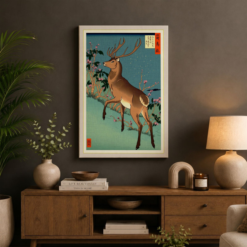 Leaping Deer Japandi - Wrapped Canvas, 30x20 - 76.2 x 50.8 cm, Sage Border