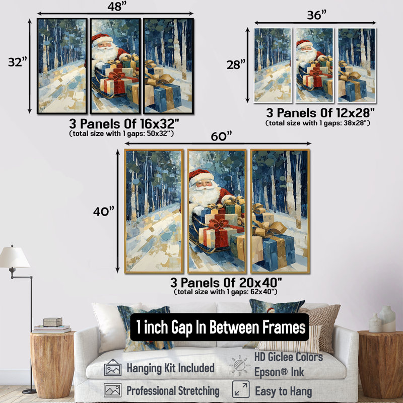 Christmas Santa Red Gift Giving - Christmas Santa Deer Wall Art Living Room Set, Natural Floater Framed Canvas
