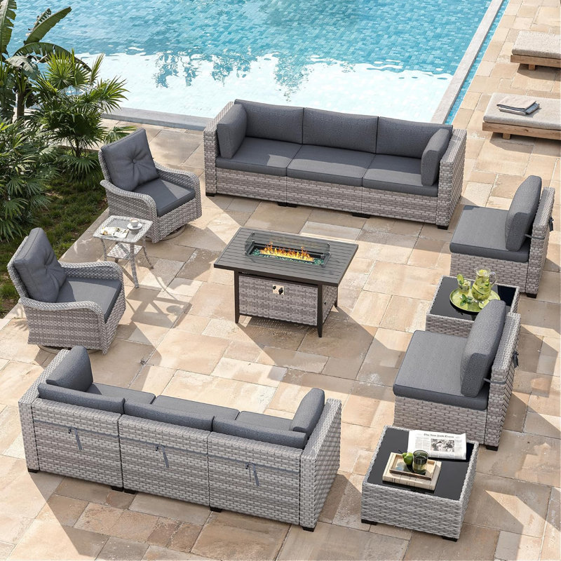 10 - Person Outdoor Wicker Patio Conversation Furniture Set with Fire Pit Table, Charcoal Grey, Black