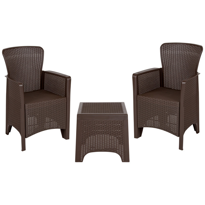 Alderman Faux Rattan Plastic Chair Set with Matching Side Table, Chocolate
