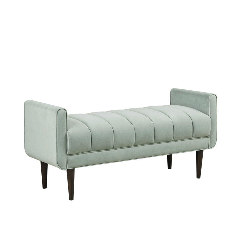 Élégant siège de chambre rembourré - canaux profonds, velours, pieds en bois de café foncé, banc surélevé de couleur luxueuse, solide pour la décoration intérieure