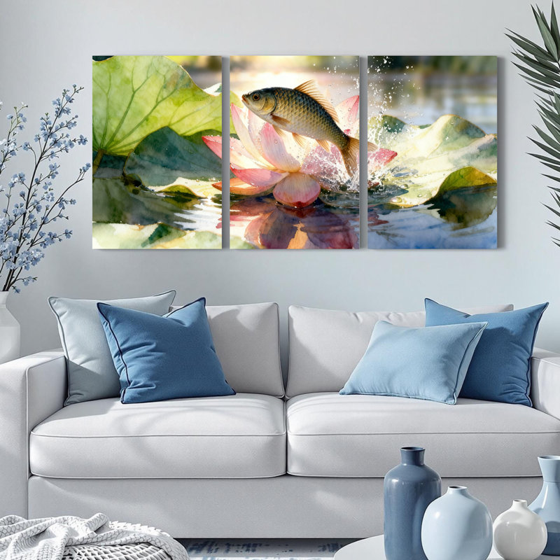 Ensemble de 3 tableaux sur toile tendue représentant des poissons sautant par-dessus une fleur de lotus, H 36 po x l 72 po