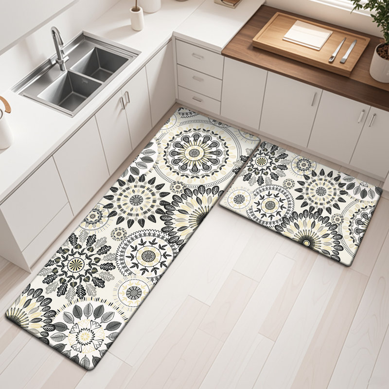 Jalissia Anti-Fatigue Non-Skid Kitchen Mat, White/Beige/Black/Gray, Runner 20" x 31.5" + 20" x 59"