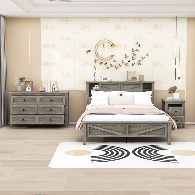 Ensemble de chambre à coucher, lit plateforme avec tête de lit, table de chevet et commode 3 pièces Kuehne, Gris antique