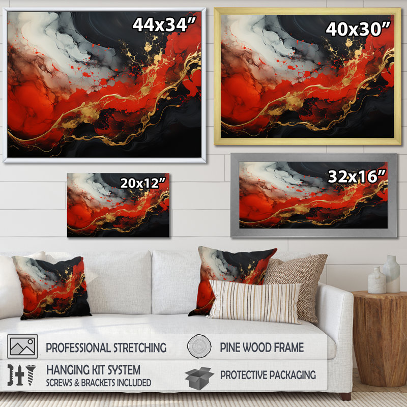 Rouge et or feu de marbre II - peinture abstraite, art mural, Cadre d'angle fermé doré, H 16 po x l 32 po x P 1 po