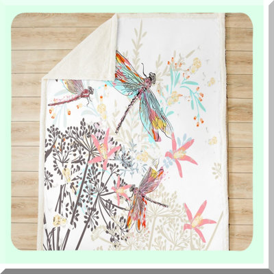 Dragonfly Dreams Sherpa Throw - Soft, Cozy, Fluffy Botanical Blanket for Adults