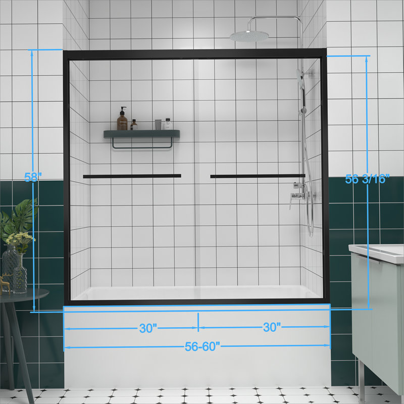 56-60"x58" Aluminum Frame Double Sliding Bathtub Screen,Bypass Bathroom Sliding Door with Premium 1/4" (6mm) Clear Tempered Glass, Black Hardware Sliding Glass Shower Enclosure,Matte Black Finished