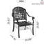 Ensemble de 4 chaises de jardin en aluminium moulé, structure noire, coussins bleus, design traditionnel à motifs rectangulaires, revêtement haute température, assise confortable, empilables, résistantes aux intempéries et au soleil.