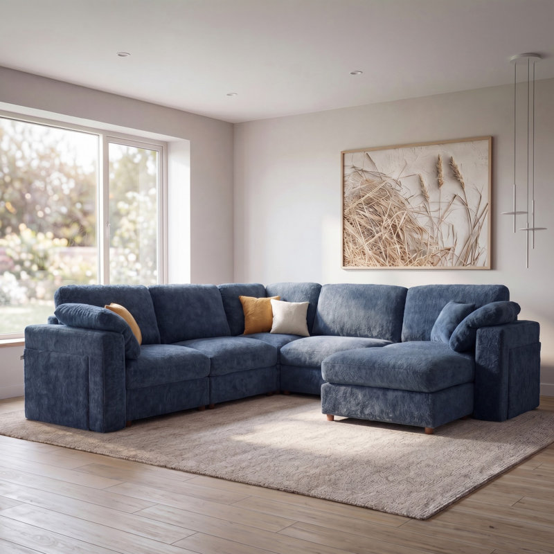 6 - Piece 120.8" Teddy Corner Sectional Sofa Modular Cloud Couch with Ottoman and Storage Side Table, Blue Teddy