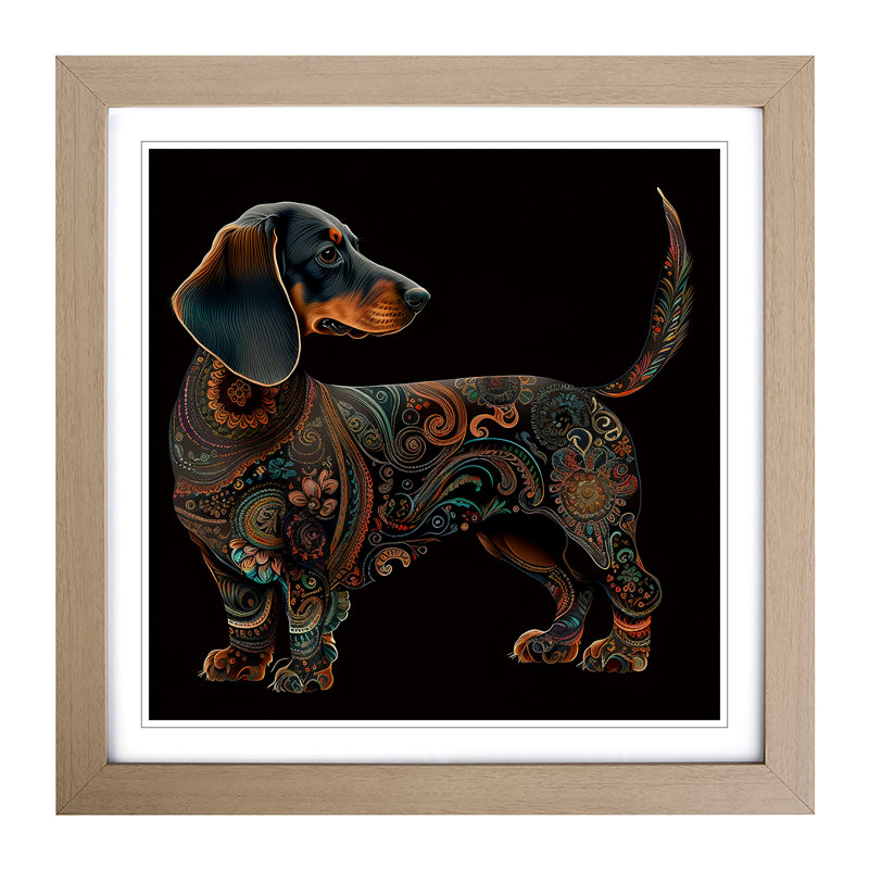 Dachshund Paisley Art - Single Picture Frame Print on Wood, Oak