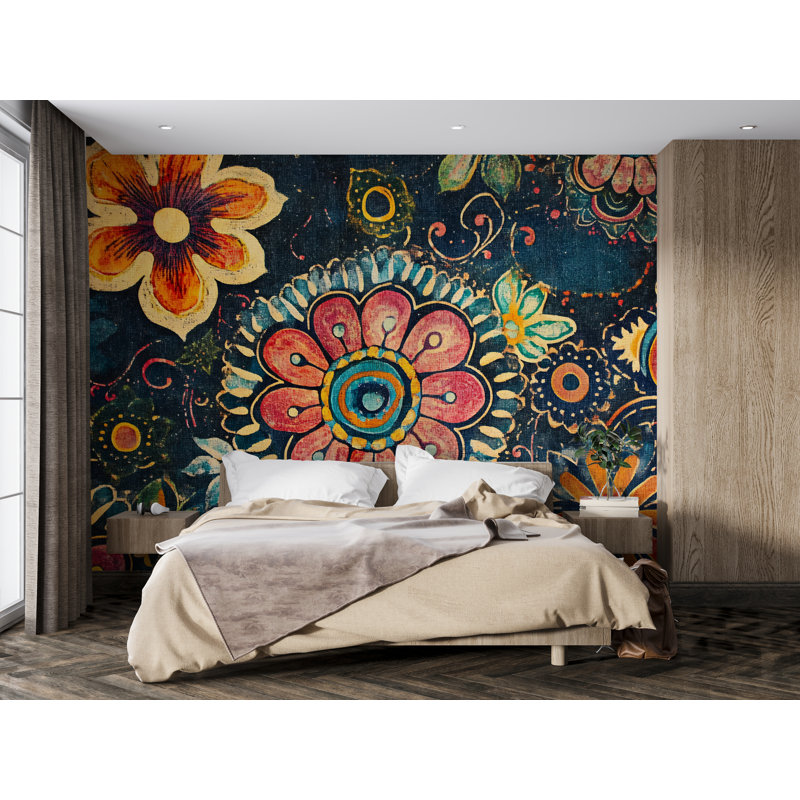 Papier peint rétro à motif floral Boho, L 144 po x l 100 po, Non tissé
