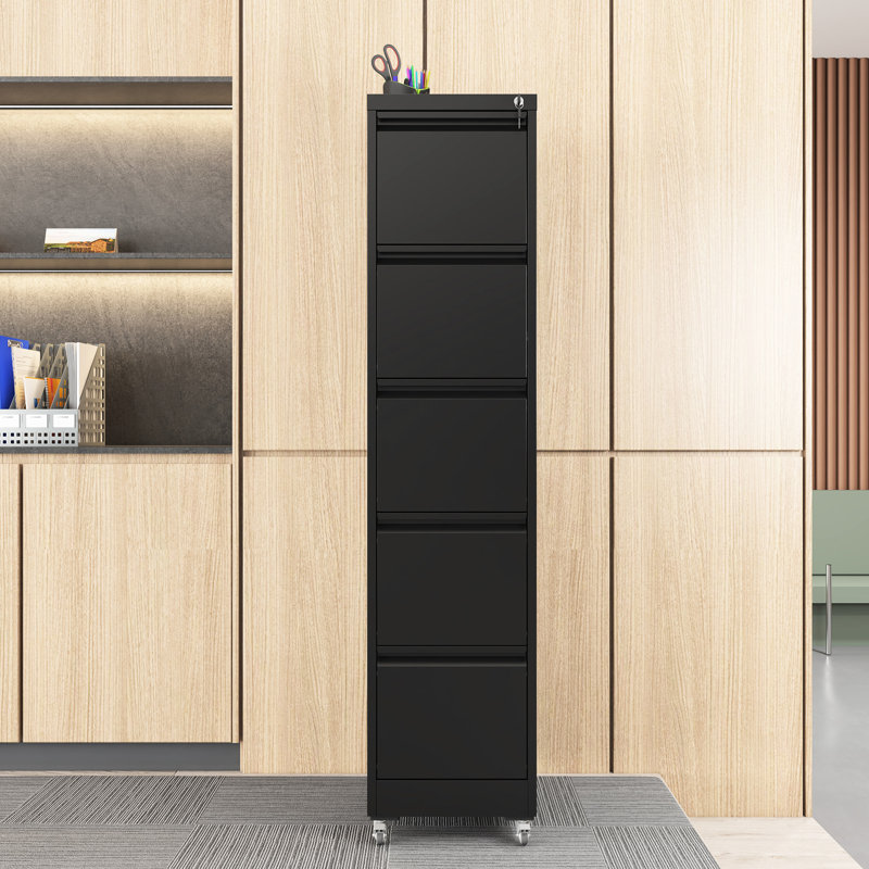 5 Drawer Vertical File Cabinet With Wheels And Lock For Office Home, Spacious Drawers, Bearing Full - Extension Slides, Easy To Clean Black Metal Lock, Ample Storage A4/Letter/Legal Size, Tilt
