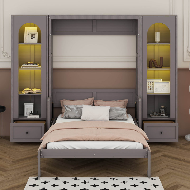 Grand lit escamotable avec tablettes de rangement, armoires, tiroirs et lumières DEL, cadre de lit mural pliant pour chambre d'amis