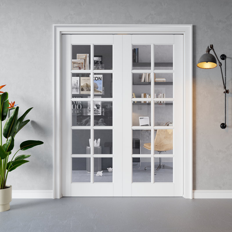 Porte coulissante intérieure à 10 carreaux en verre clair, MDF CARB P2 et verre trempé SGCC, double porte escamotable, avec cadre renforcé et quincaillerie incluse, porte de chambre préfinie et imperméable, pour garde-manger, chambre, salle de bain et placard, teinture facile à appliquer soi-même, 162,5 cm x 203,2 cm